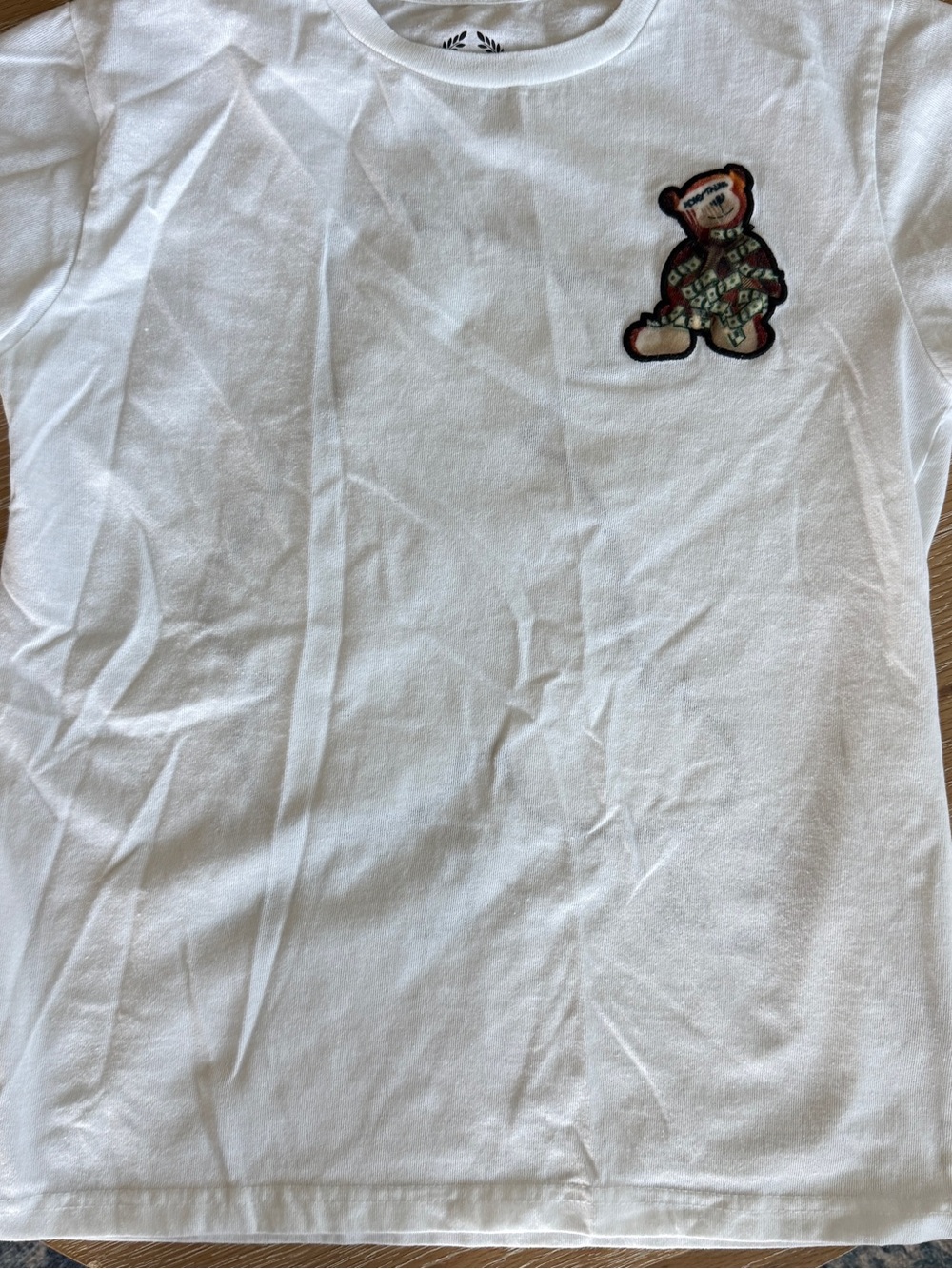 White Kids Short Sleeve Tee with Embroidered Bear Patch